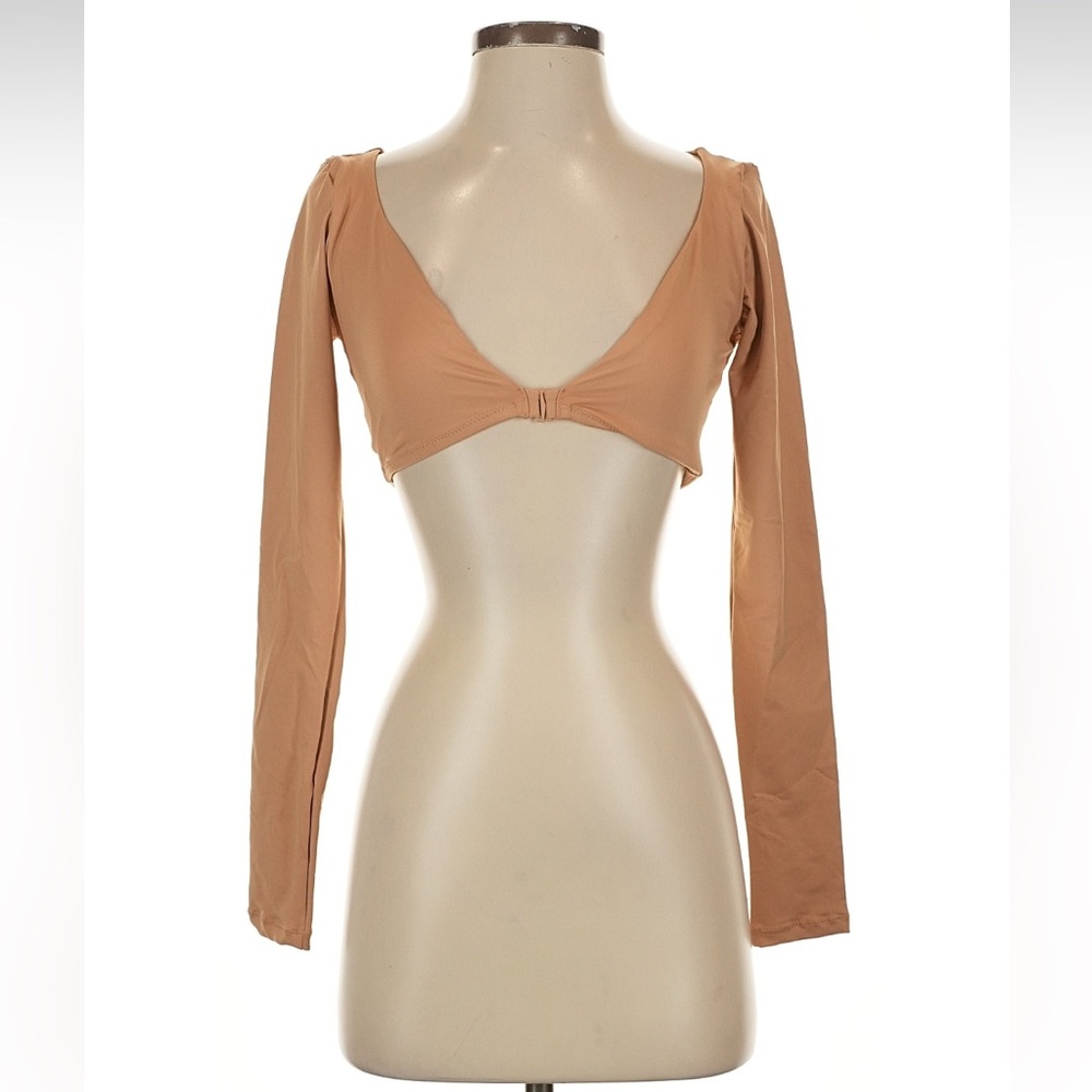 Long-Sleeve Nude Crop Swim Top